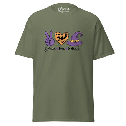 Peace Love Witch T-Shirt (Halloween Witch) Color: Military Green