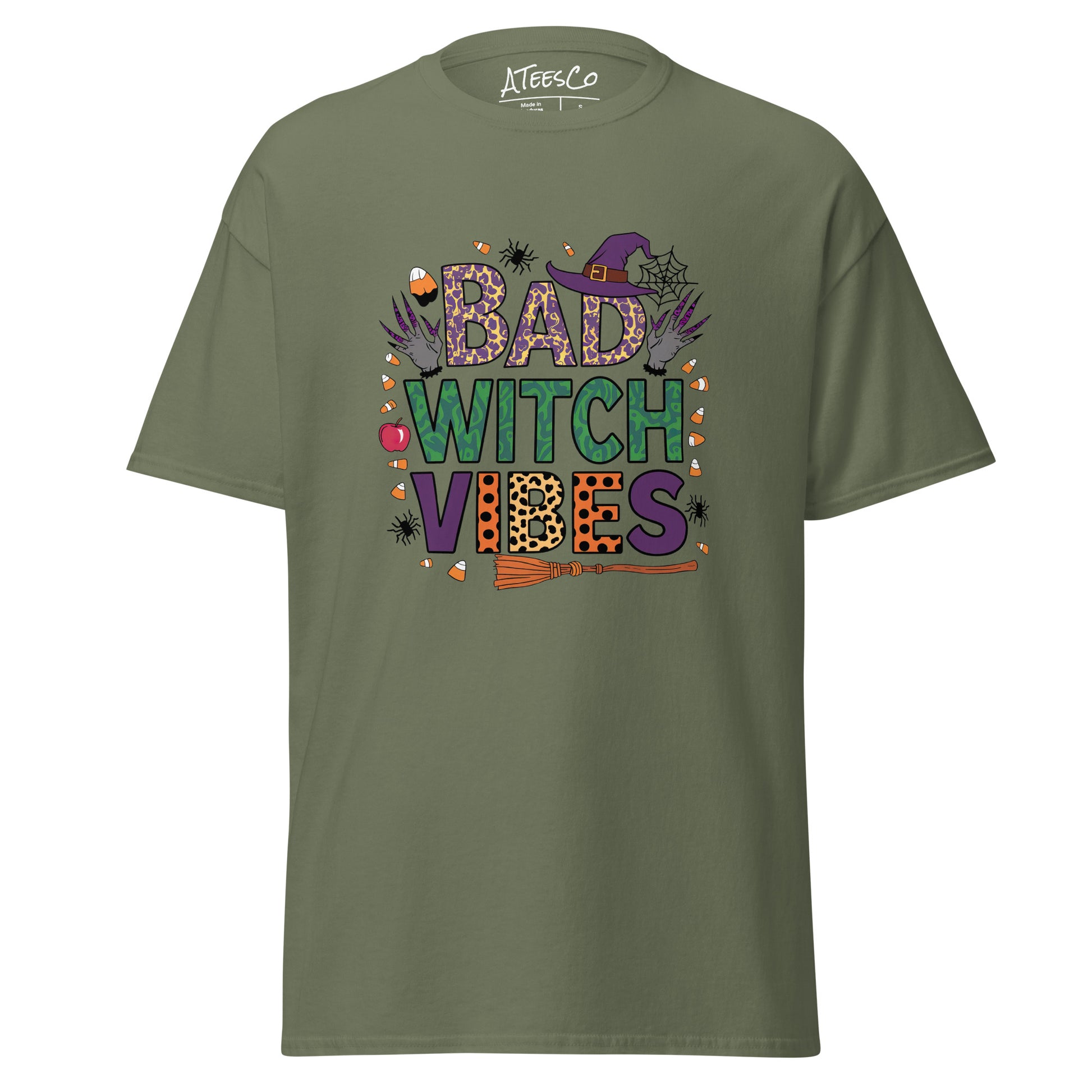 Bad Witch Vibes T-Shirt (Halloween Witch) Color: Military Green