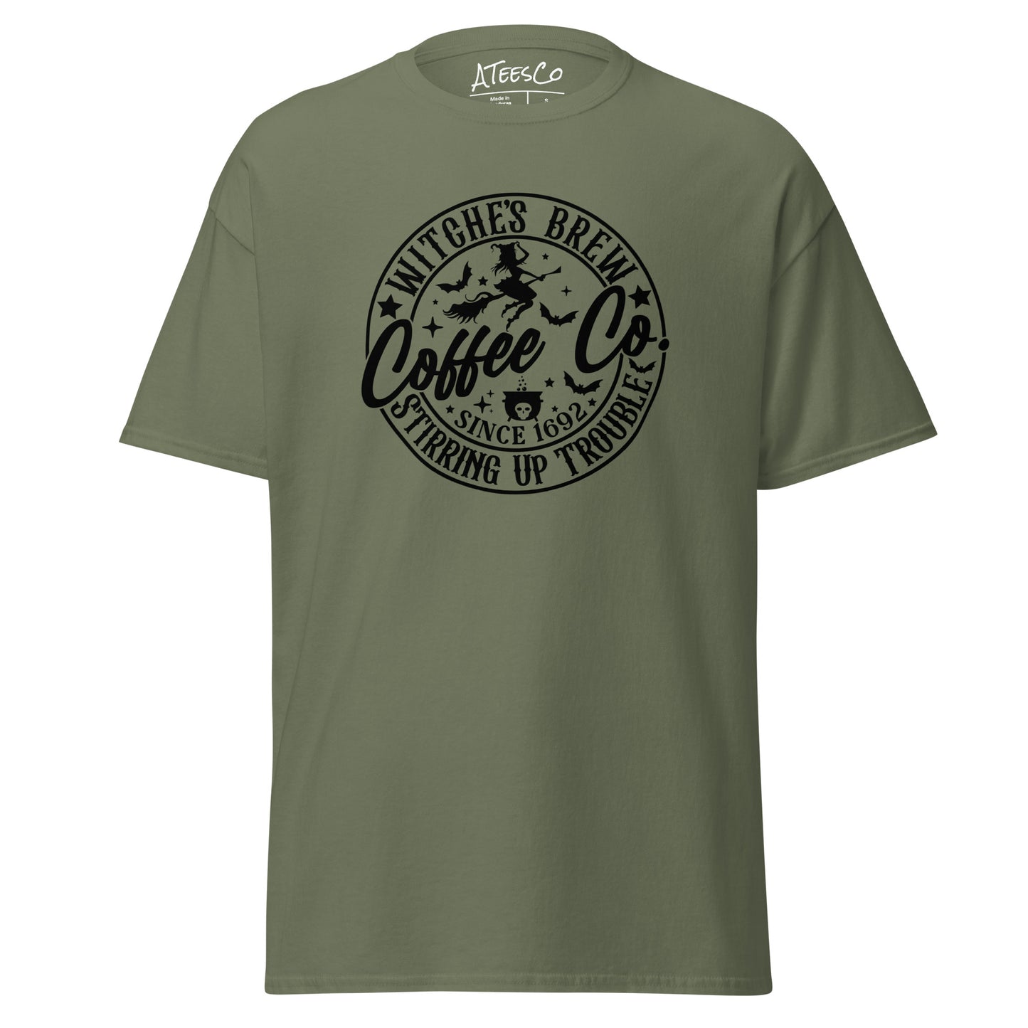 Witches Brew Coffee Co Stirring Up Trouble (Halloween) T-Shirt Color: Military Green