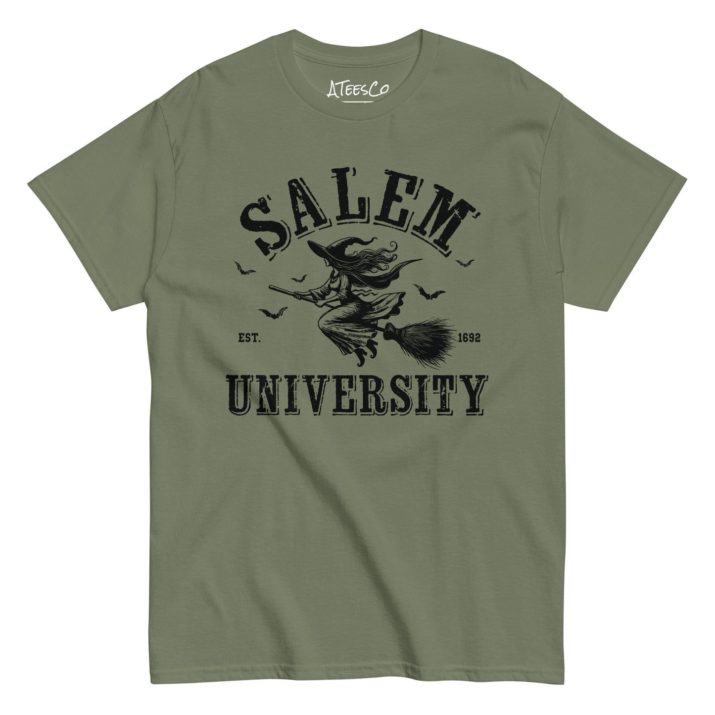 Salem University T-Shirt (Halloween Witch Riding Broom Tee) Color: Military Green