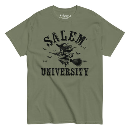 Salem University T-Shirt (Halloween Witch Riding Broom Tee) Color: Military Green