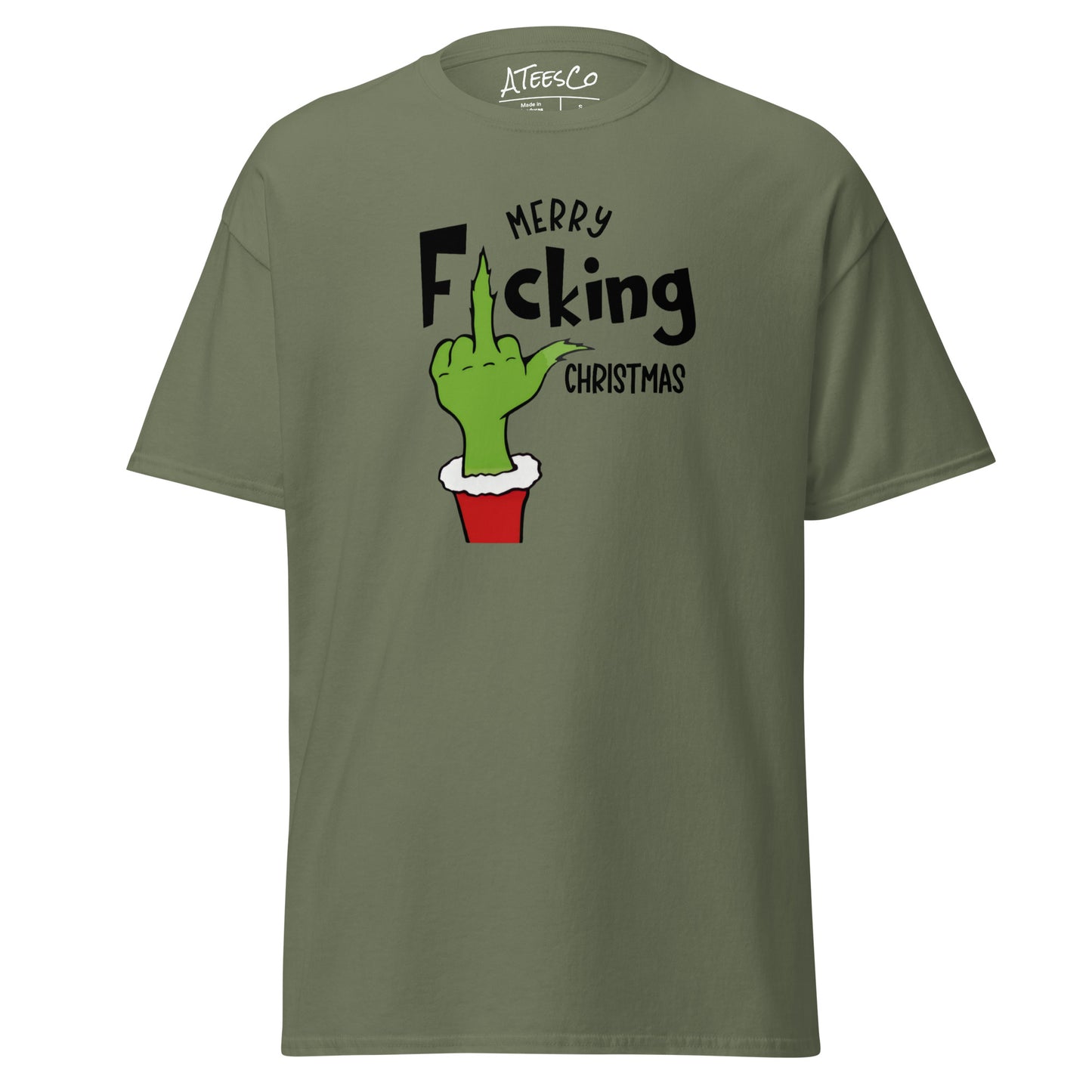 Merry F*cking Christmas grumpy Middle Finger Graphic Tee Shirt - Color: Military Green - T-Shirt