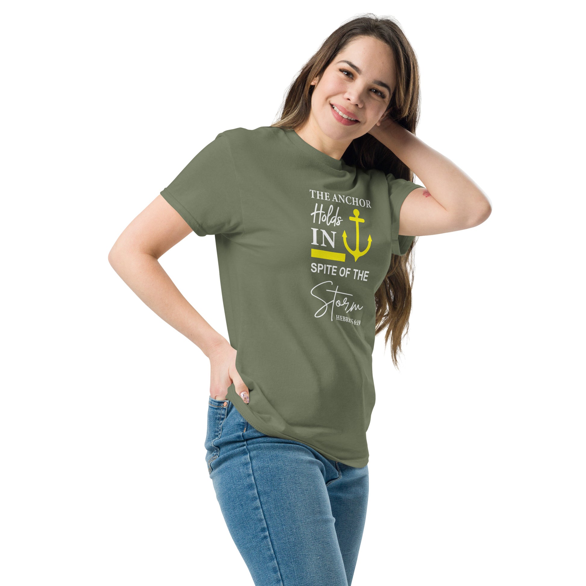 The Anchor Holds in Spite of the Storm (Hebrews 6:19) T-Shirt Color: Black