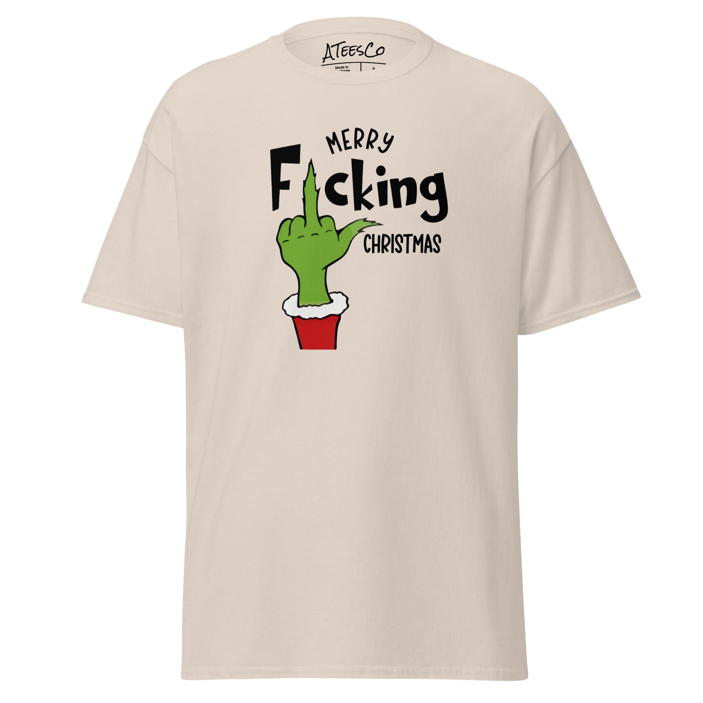 Merry F*cking Christmas grumpy Middle Finger Graphic Tee Shirt - Color: Natural - T-Shirt