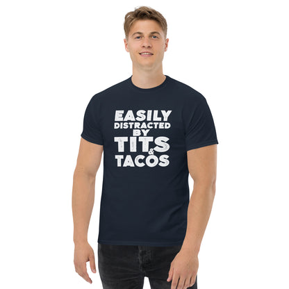 Easily Distracted by Tits and Tacos Graphic Tee Shirt - Color: Navy