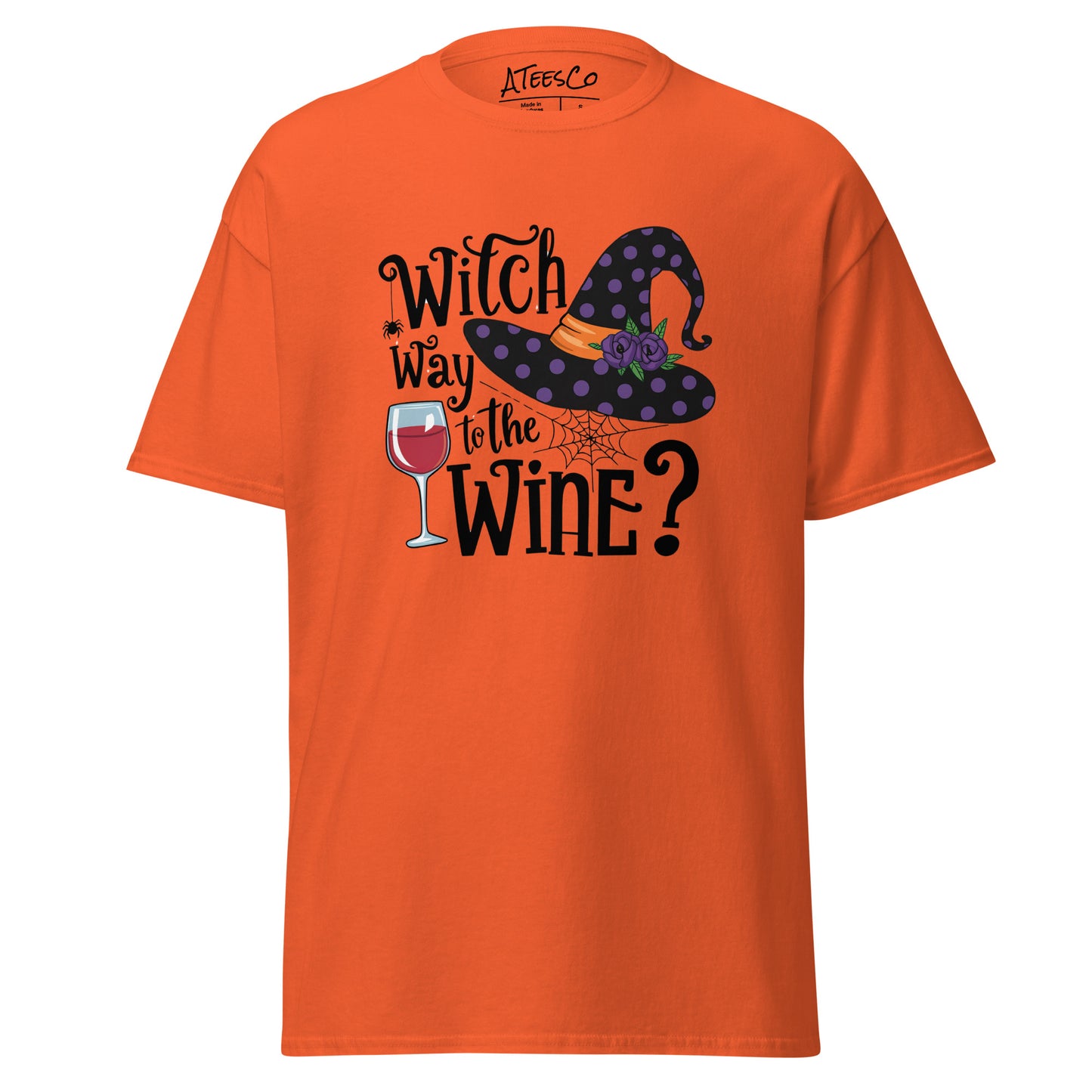 Witch Way To The Wine T-Shirt (Halloween Witch) Color: Orange