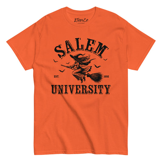 Salem University T-Shirt (Halloween Witch Riding Broom Tee) Color: Orange