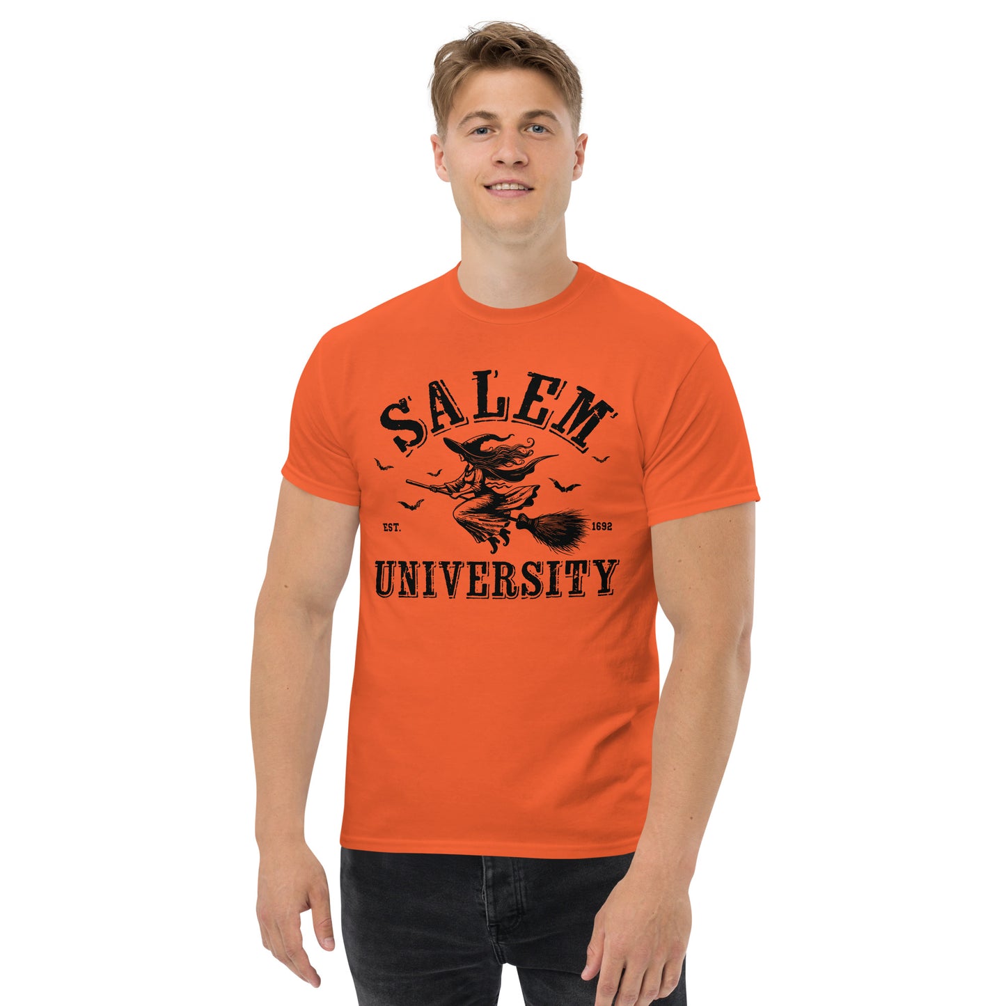 Salem University T-Shirt (Halloween Witch Riding Broom Tee) Color: Red