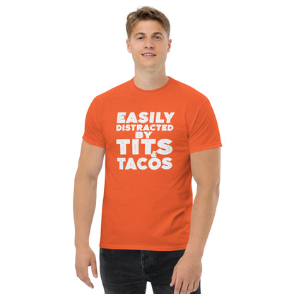 Easily Distracted by Tits and Tacos Graphic Tee Shirt - Color: Orange