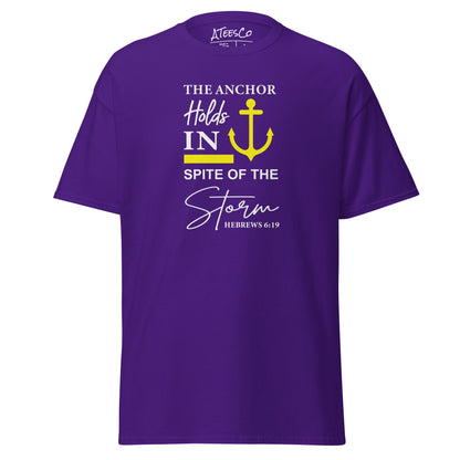 The Anchor Holds in Spite of the Storm (Hebrews 6:19) T-Shirt Color: Purple