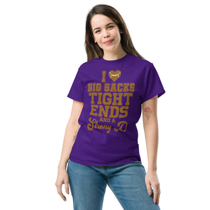 I Heart Big Sacks Tight Ends and A Strong D T-Shirt (Football Season) - Color: Purple