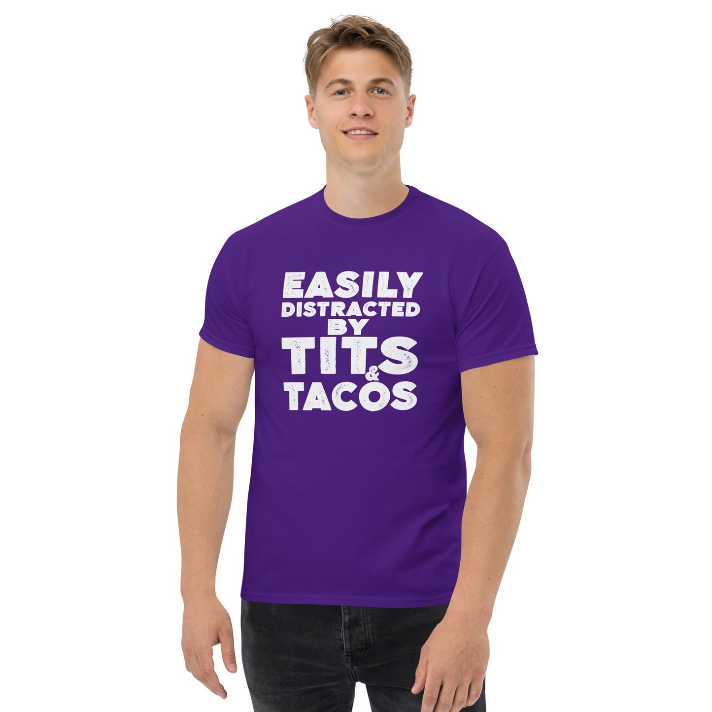 Easily Distracted by Tits and Tacos Graphic Tee Shirt - Color: Purple