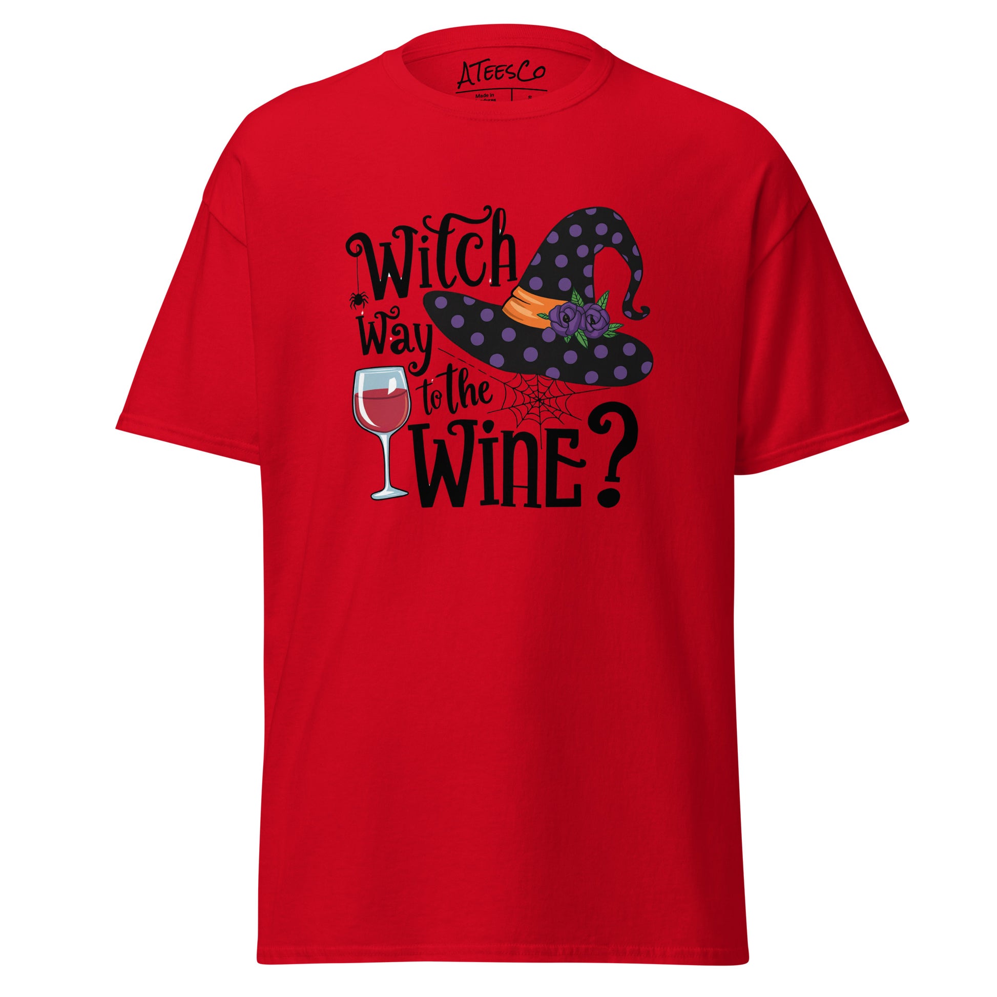 Witch Way To The Wine T-Shirt (Halloween Witch) Color: Red