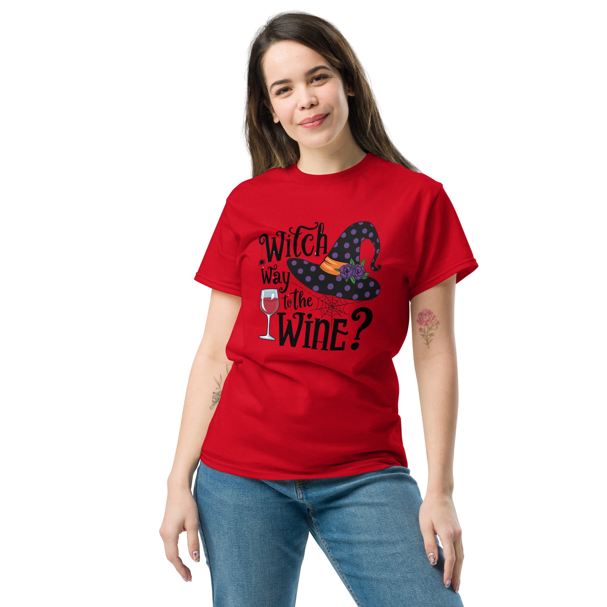 Witch Way To The Wine T-Shirt (Halloween Witch) Color: Red