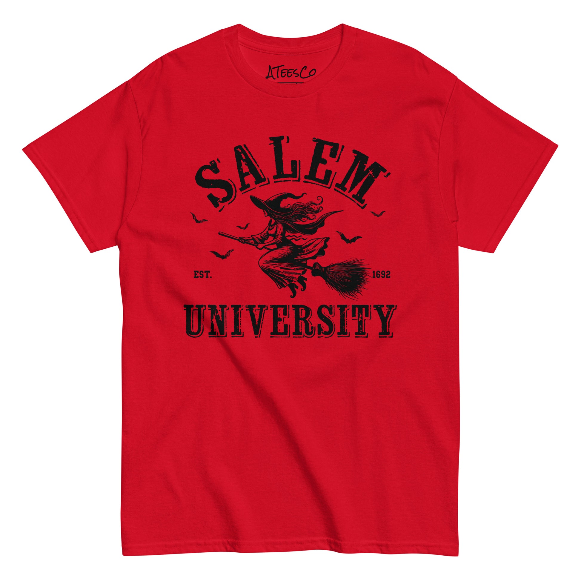 Salem University T-Shirt (Halloween Witch Riding Broom Tee) Color: Red