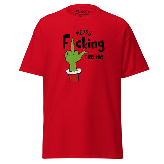 Merry F*cking Christmas grumpy Middle Finger Graphic Tee Shirt - Color: Red