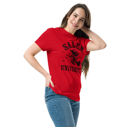 Salem University T-Shirt (Halloween Witch Riding Broom Tee) Color: Red