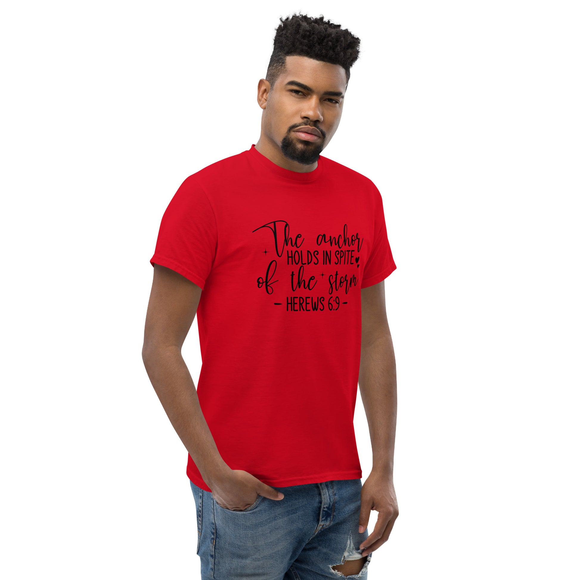 The Anchor Holds in Spit of the Storm (Hebrews 6:9) T-Shirt Color: Red