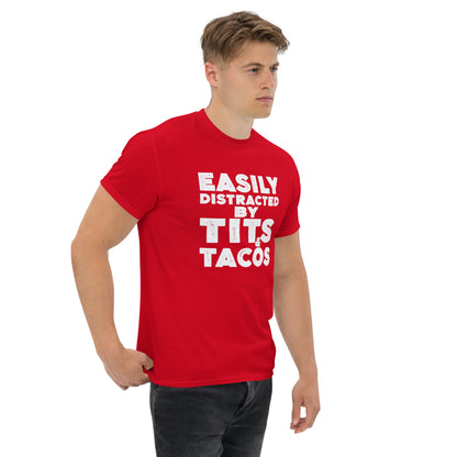 Easily Distracted by Tits and Tacos Graphic Tee Shirt - Color: Maroon