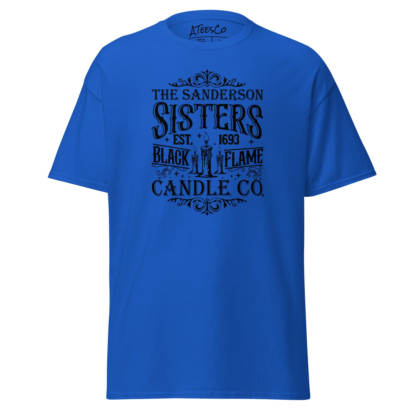 The Sanderson Sisters Black Flame Candle Co (Halloween) T-Shirt Color: Royal