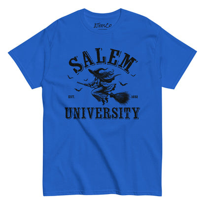 Salem University T-Shirt (Halloween Witch Riding Broom Tee) Color: Royal