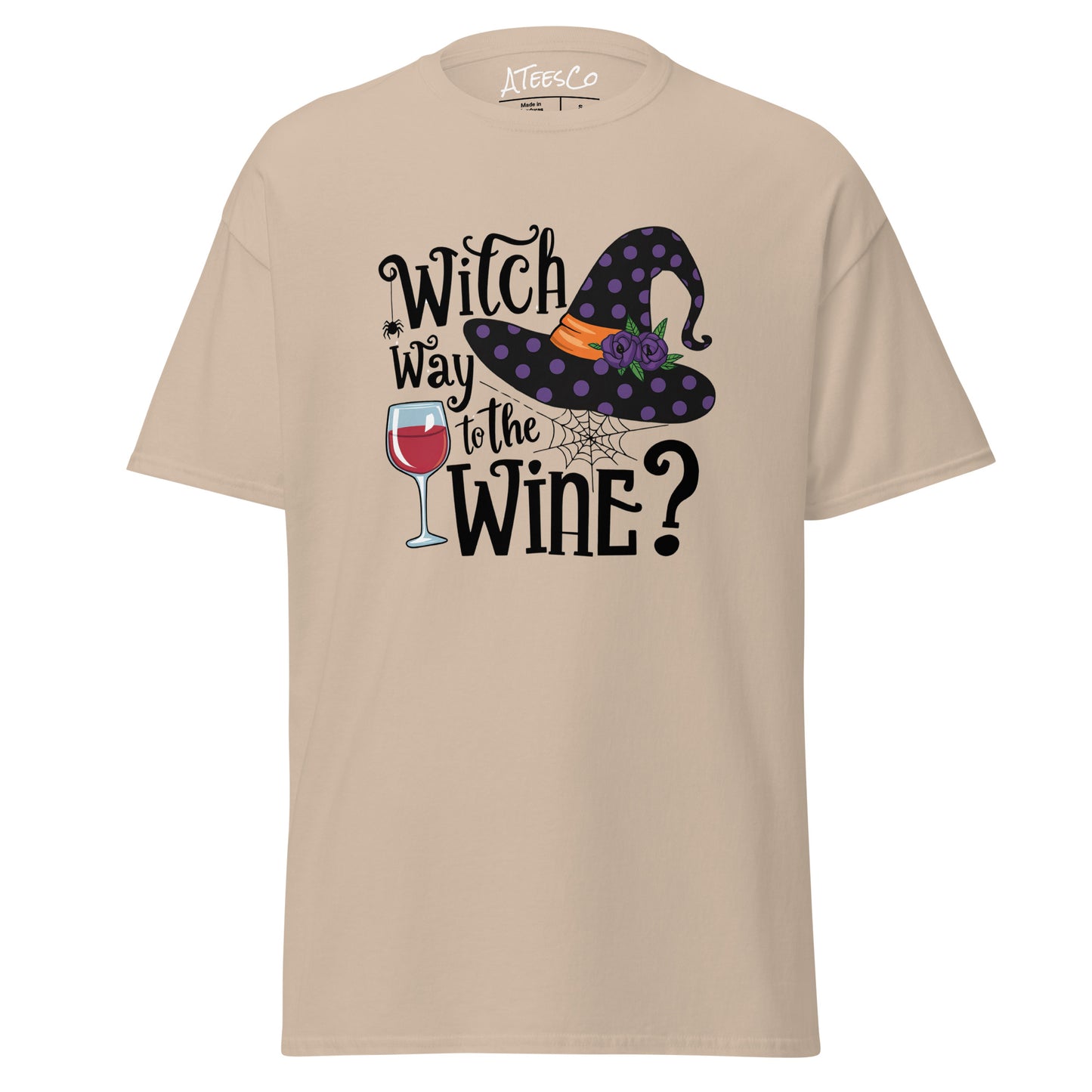 Witch Way To The Wine T-Shirt (Halloween Witch) Color: Sand