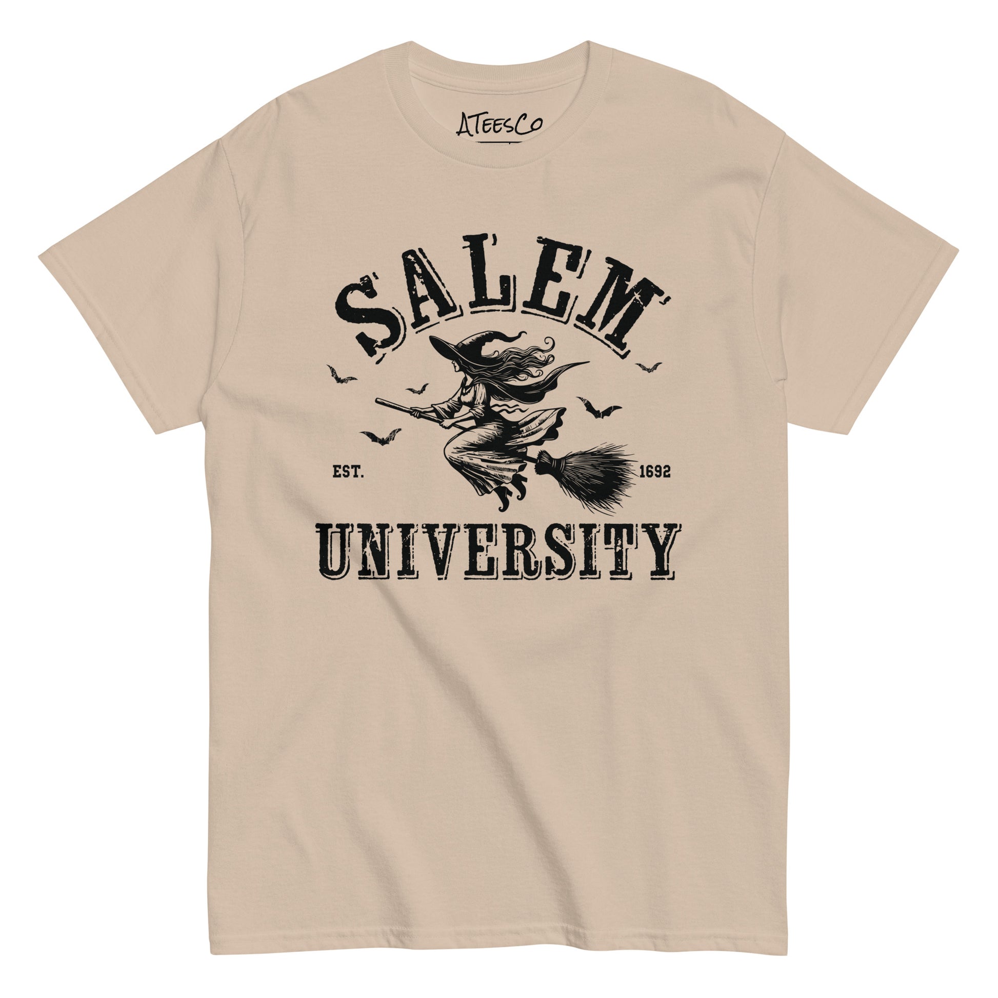 Salem University T-Shirt (Halloween Witch Riding Broom Tee) Color: Sand