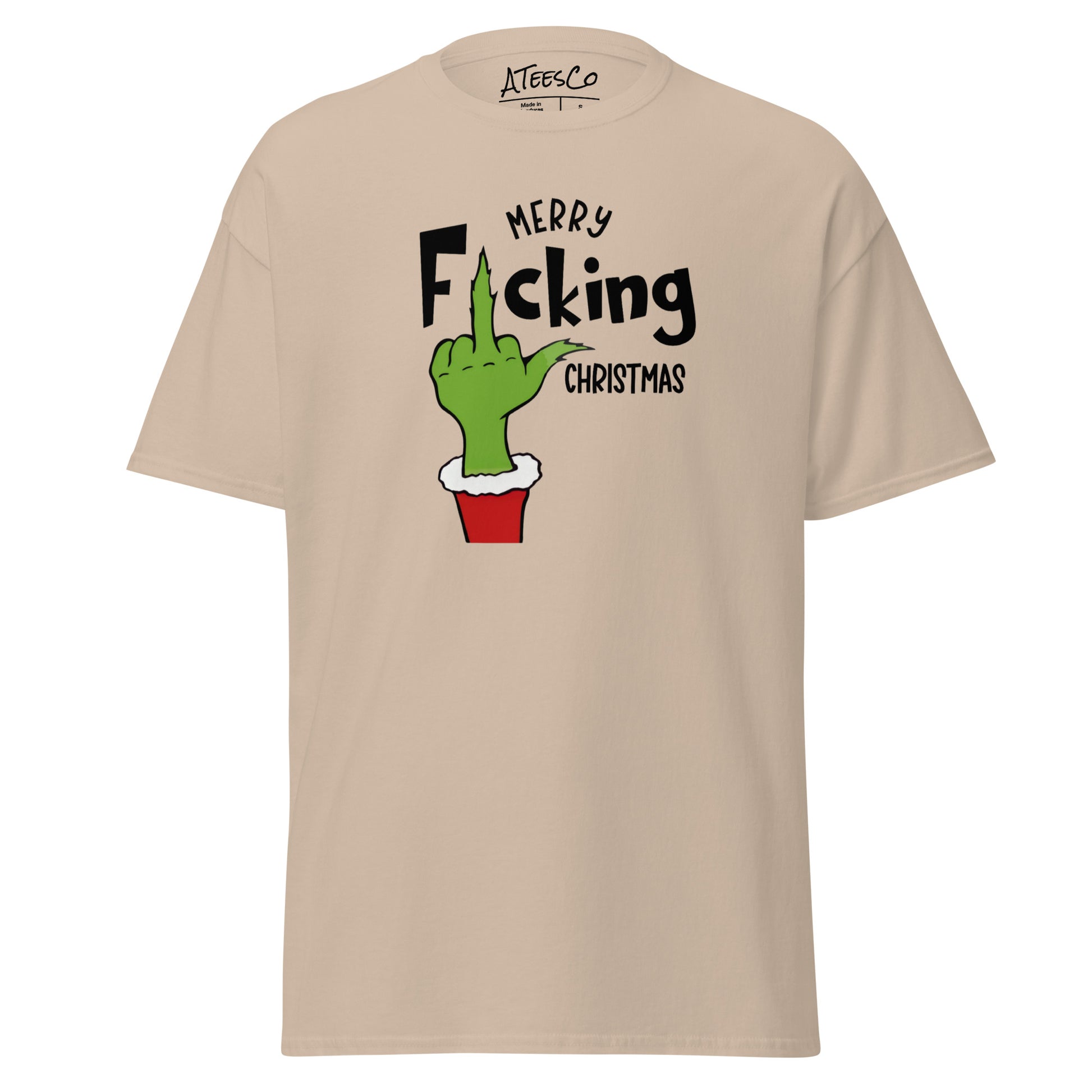 Merry F*cking Christmas grumpy Middle Finger Graphic Tee Shirt - Color: Sand - T-Shirt