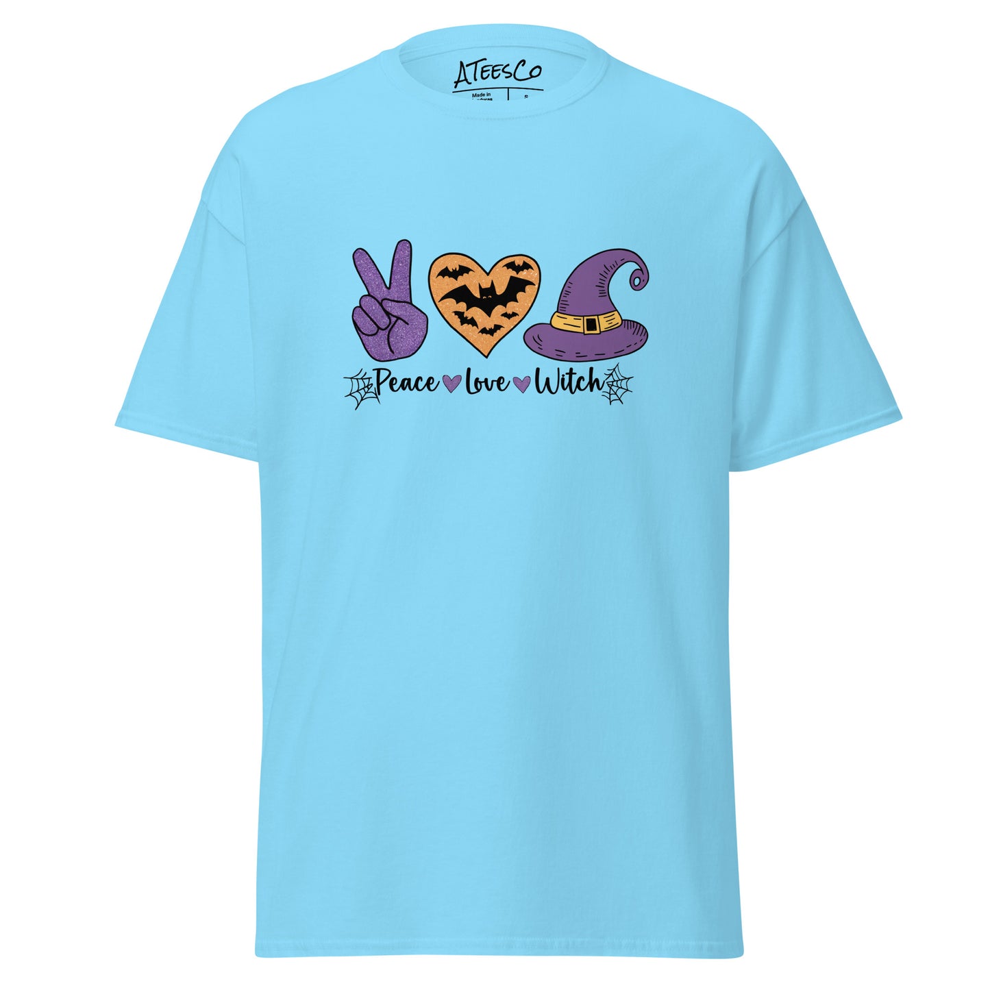 Peace Love Witch T-Shirt (Halloween Witch) Color: Sky