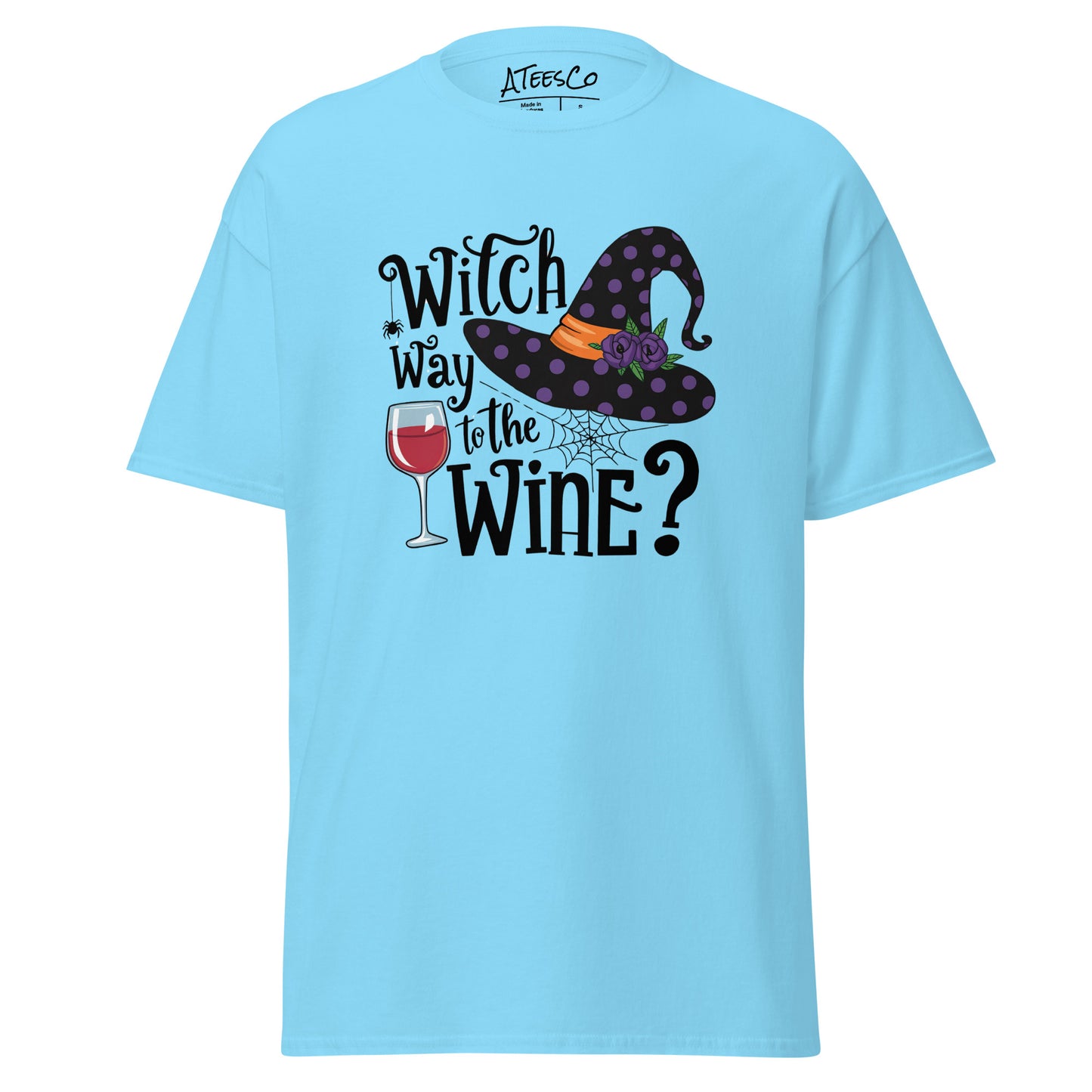 Witch Way To The Wine T-Shirt (Halloween Witch) Color: Sky