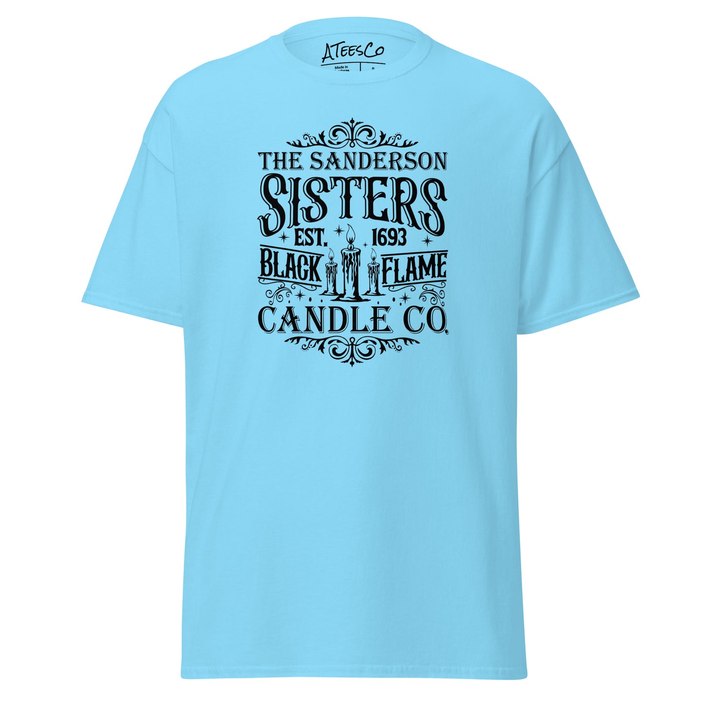 The Sanderson Sisters Black Flame Candle Co (Halloween) T-Shirt Color: Sky