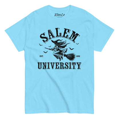 Salem University T-Shirt (Halloween Witch Riding Broom Tee) Color: Sky