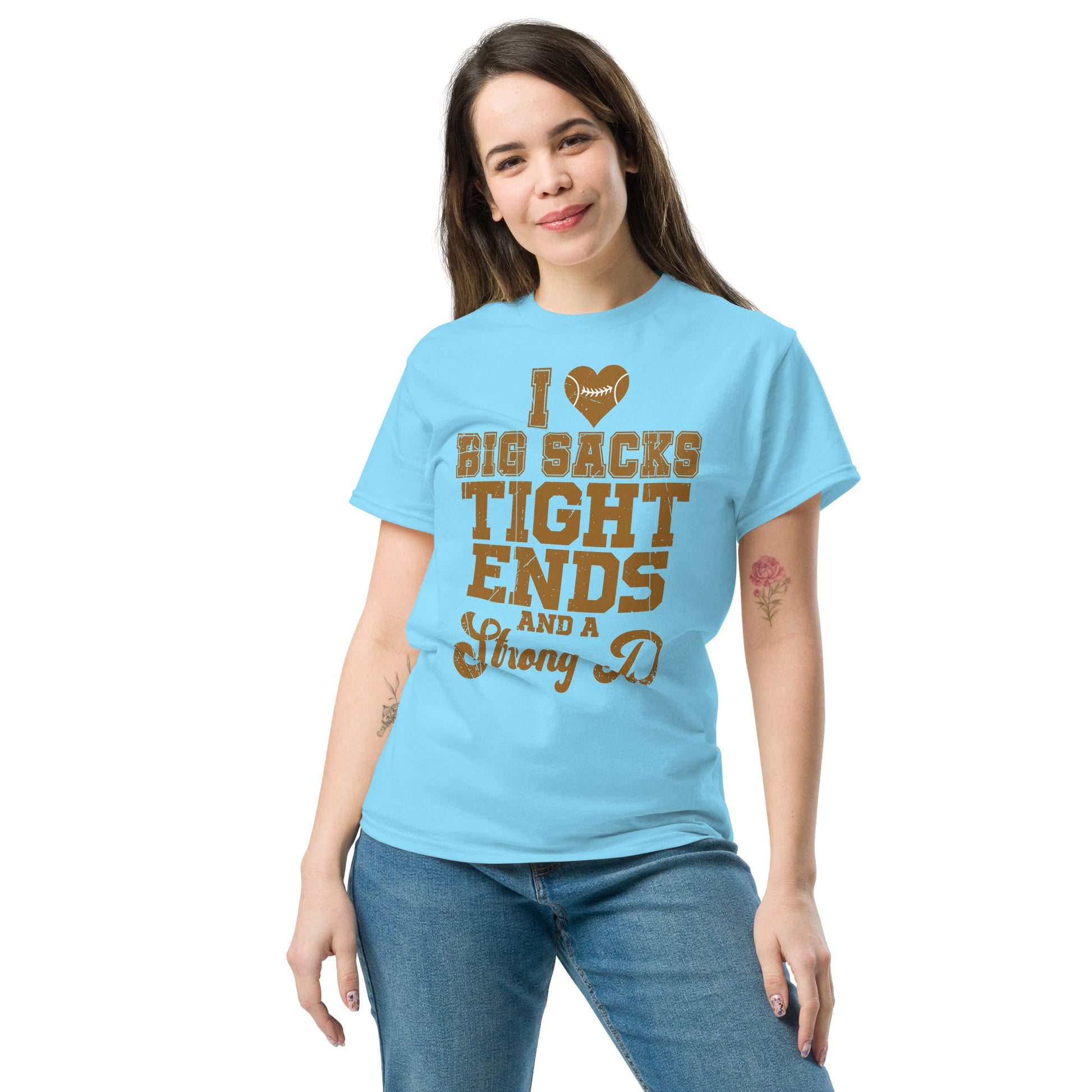 I Heart Big Sacks Tight Ends and A Strong D T-Shirt (Football Season) - Color: Sky