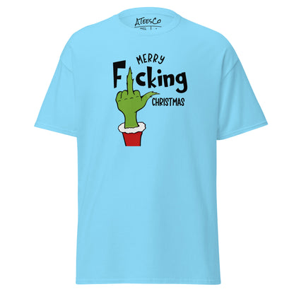 Merry F*cking Christmas grumpy Middle Finger Graphic Tee Shirt - Color: Sky - T-Shirt