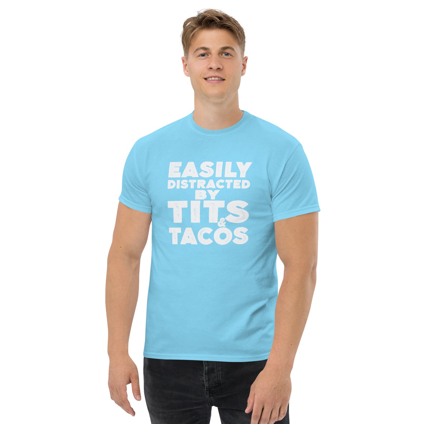 Easily Distracted by Tits and Tacos Graphic Tee Shirt - Color: Sky