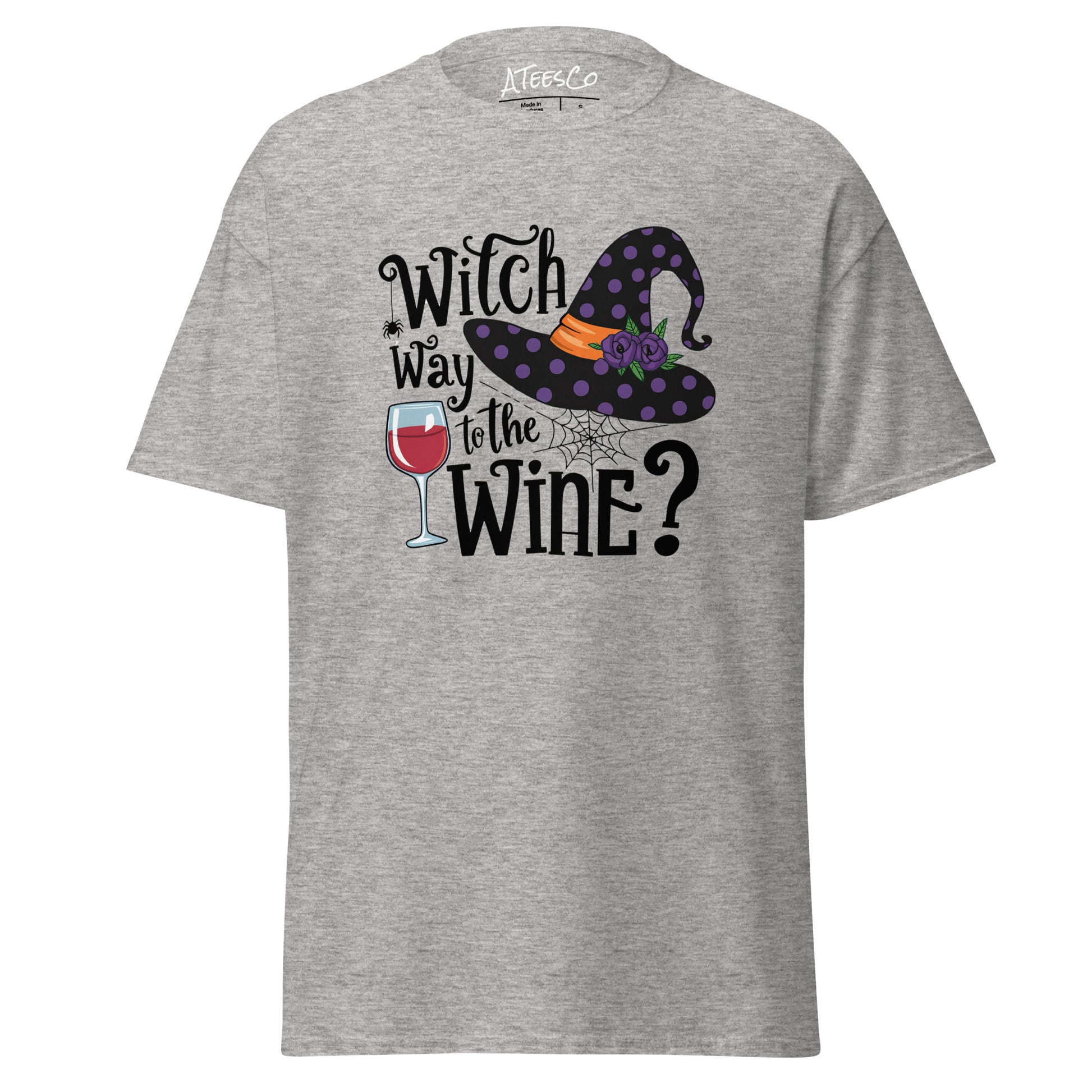 Witch Way To The Wine T-Shirt (Halloween Witch) Color: Sport Grey