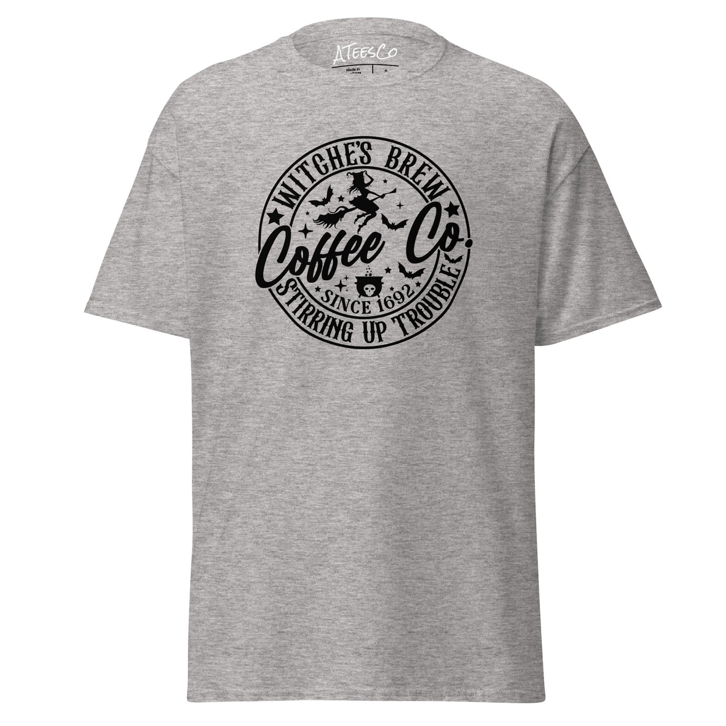 Witches Brew Coffee Co Stirring Up Trouble (Halloween) T-Shirt Color: Sport Grey