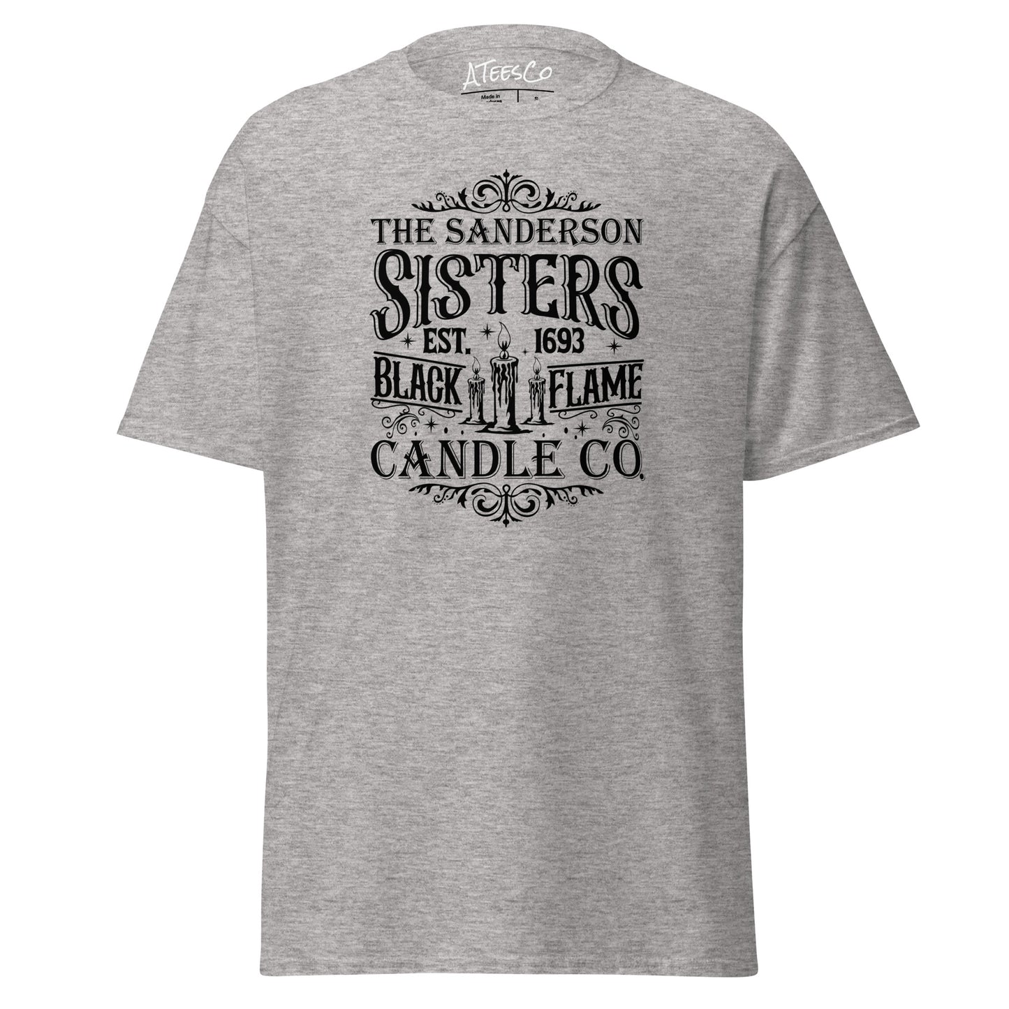 The Sanderson Sisters Black Flame Candle Co (Halloween) T-Shirt Color: Sport Grey