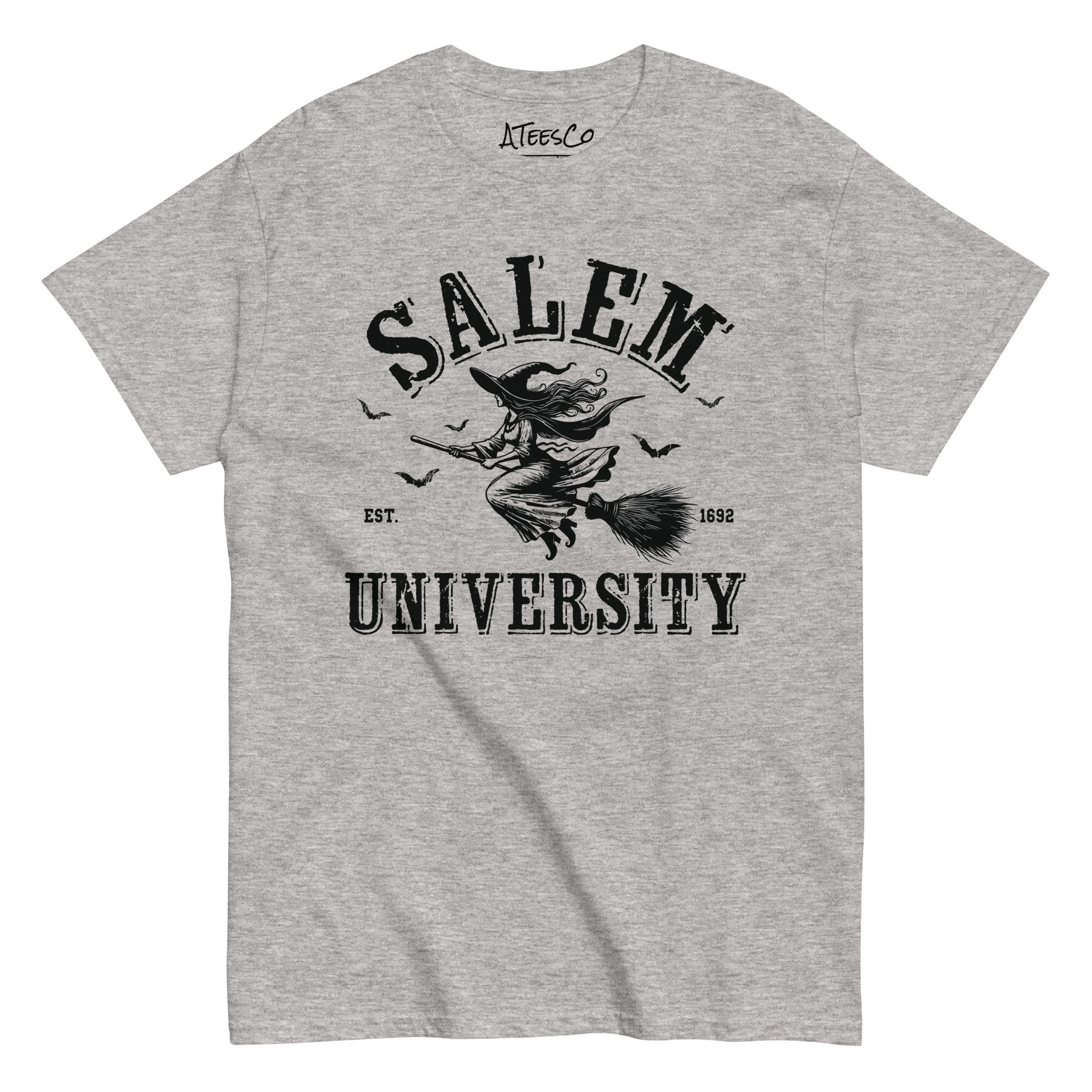 Salem University T-Shirt (Halloween Witch Riding Broom Tee) Color: Sport Grey