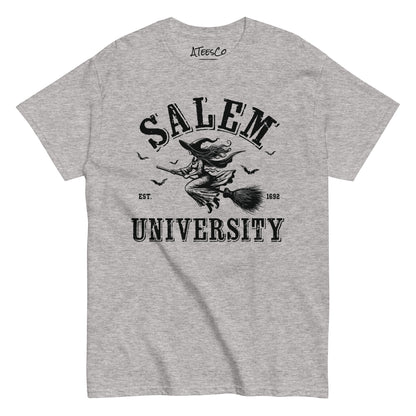 Salem University T-Shirt (Halloween Witch Riding Broom Tee) Color: Sport Grey