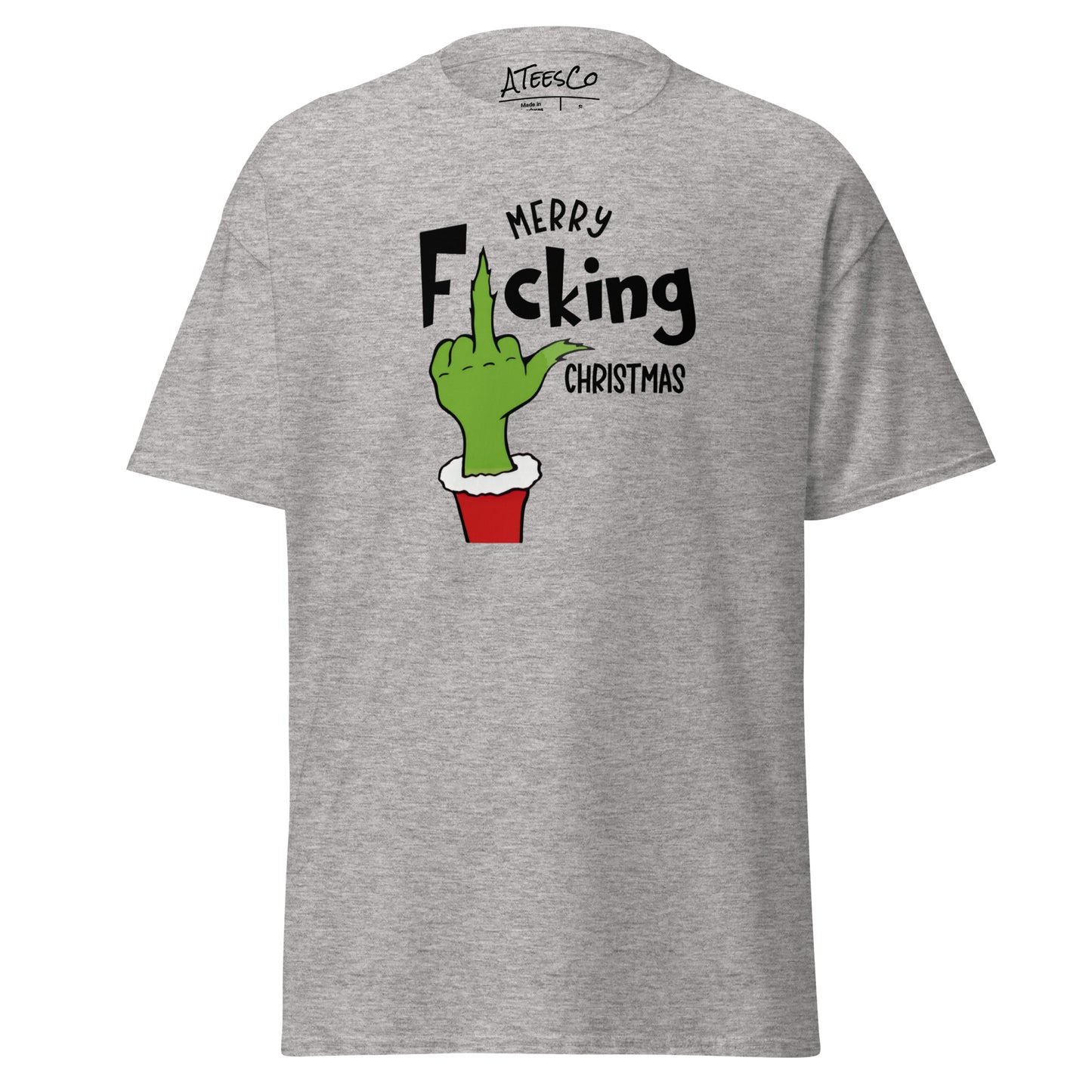 Merry F*cking Christmas grumpy Middle Finger Graphic Tee Shirt - Color: Sport Grey - T-Shirt