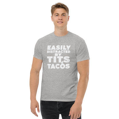 Easily Distracted by Tits and Tacos Graphic Tee Shirt - Color: Sport Grey