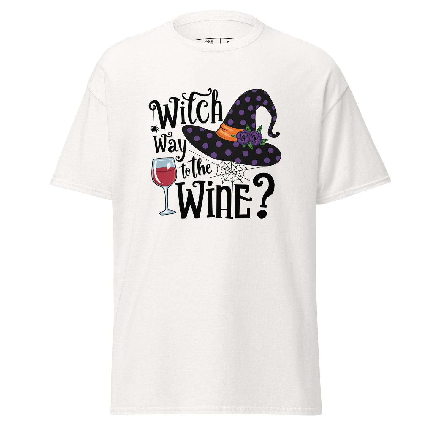 Witch Way To The Wine T-Shirt (Halloween Witch) Color: White