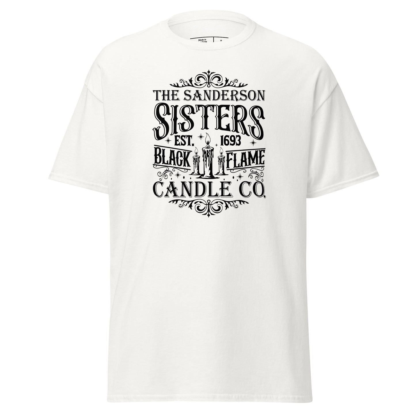 The Sanderson Sisters Black Flame Candle Co (Halloween) T-Shirt Color: White