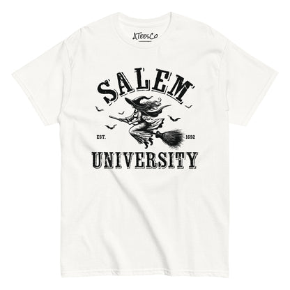 Salem University T-Shirt (Halloween Witch Riding Broom Tee) Color: White