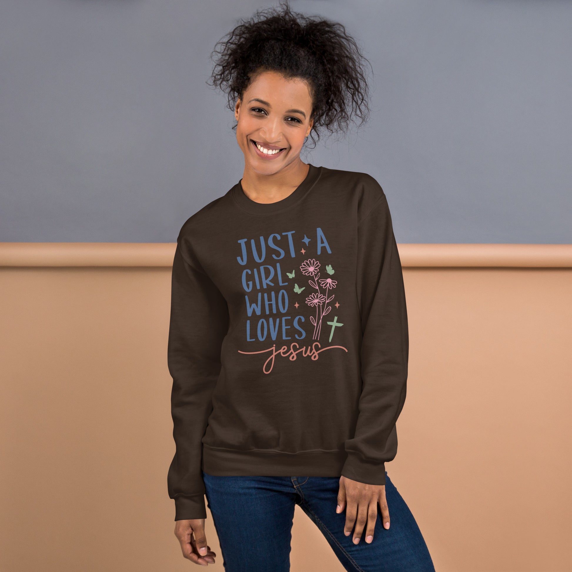 Just A Girl Who Loves Jesus Sweatshirt - Color: Dark Chocolate