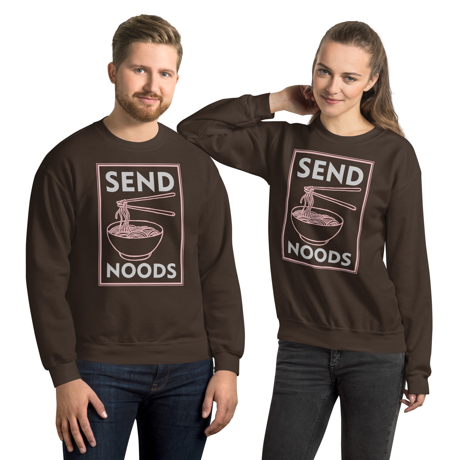 Send Noods Sweatshirt (Funny Noodle Humor) - Color: Dark Chocolate