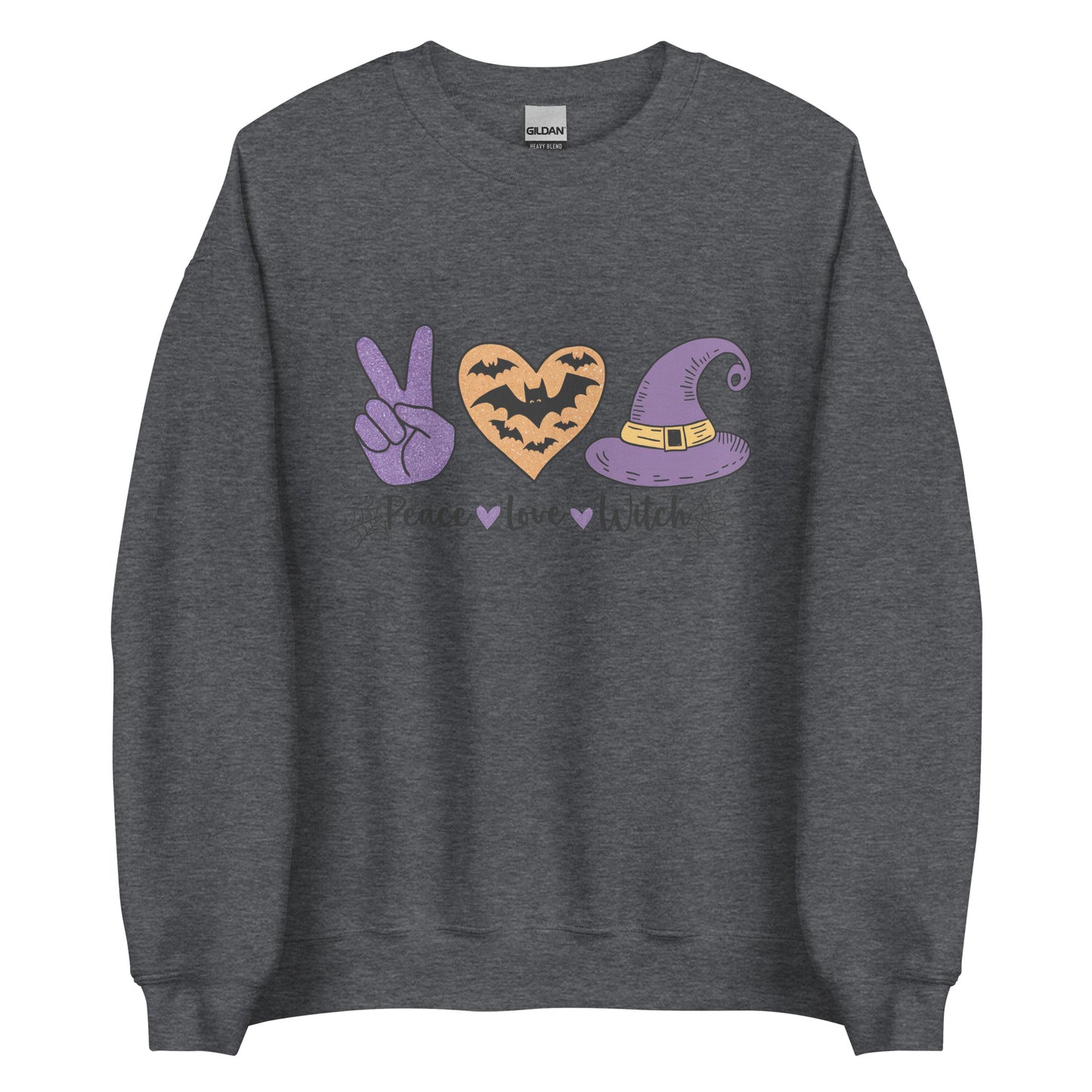 Peace Love Witch Sweatshirt (Halloween Witch) Color: Dark Heather