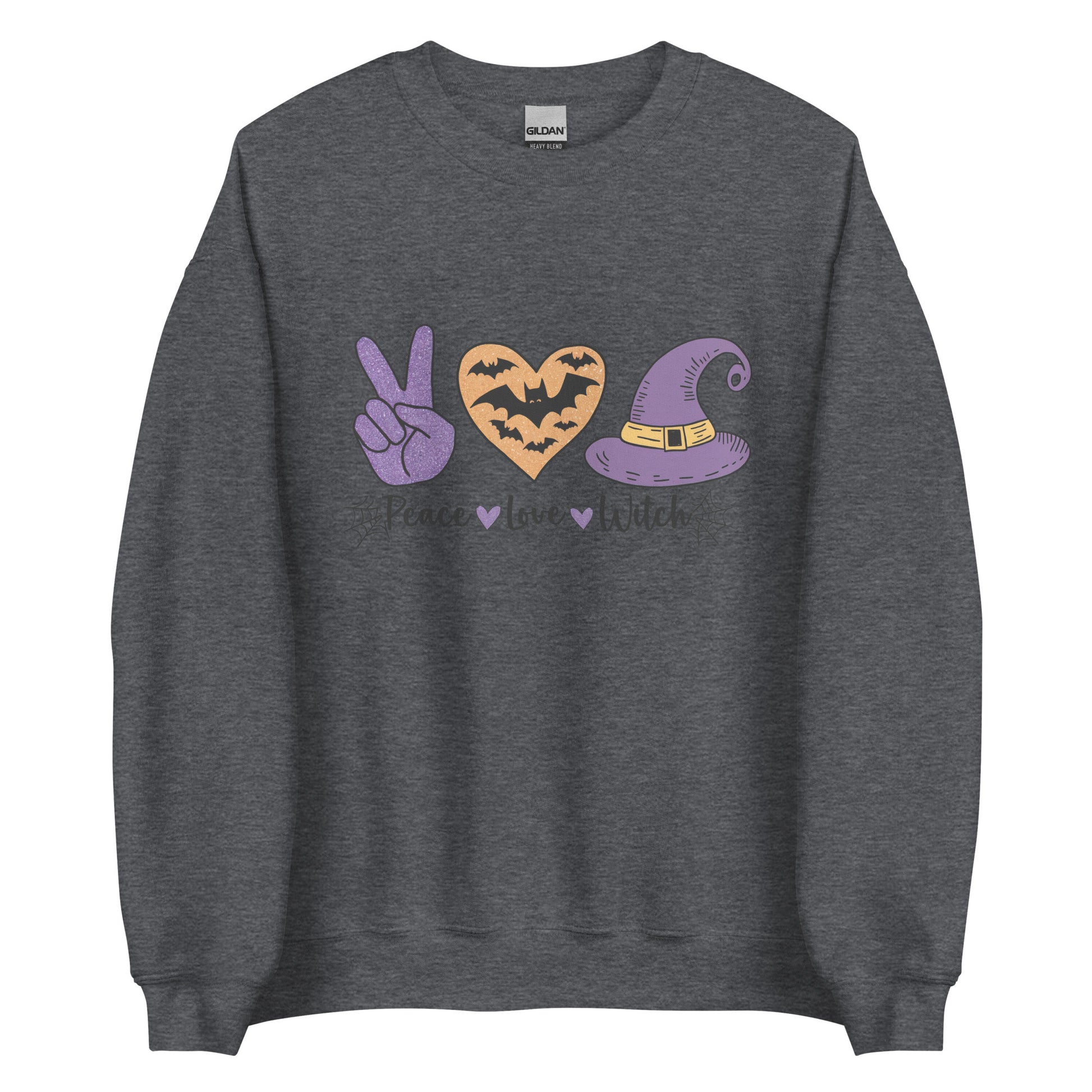 Peace Love Witch Sweatshirt (Halloween Witch) Color: Dark Heather