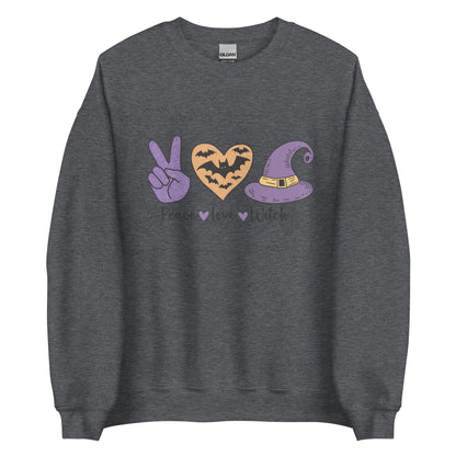 Peace Love Witch Sweatshirt (Halloween Witch) Color: Dark Heather